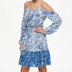 Eliza J Cold-Shoulder Puff Sleeve Dress – Blue & White Floral (Size 8) 💙✨